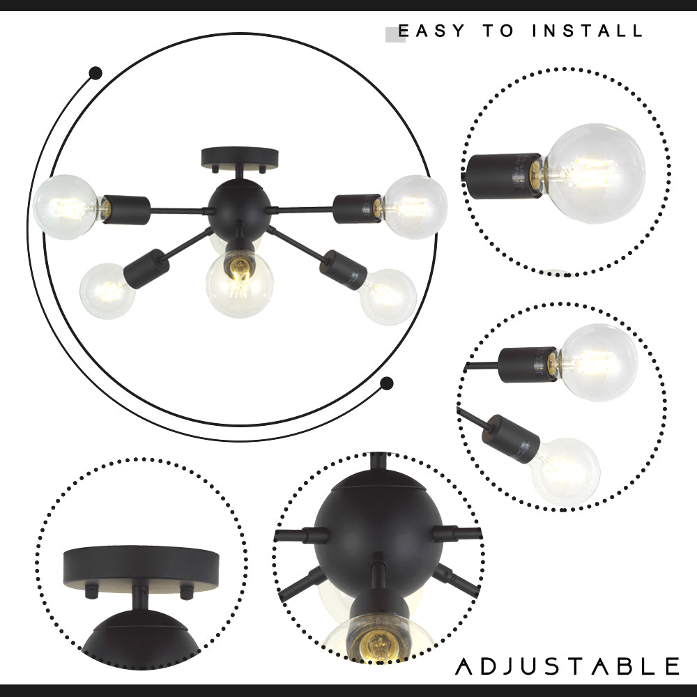 VINLUZ Sputnik Chandelier Lighting 6 Lights Black Modern Ceiling Light