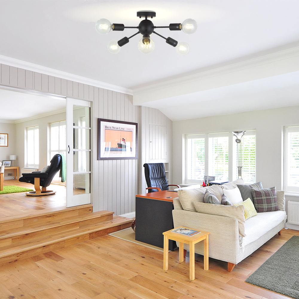 VINLUZ Sputnik Chandelier Lighting 6 Lights Black Modern Ceiling Light