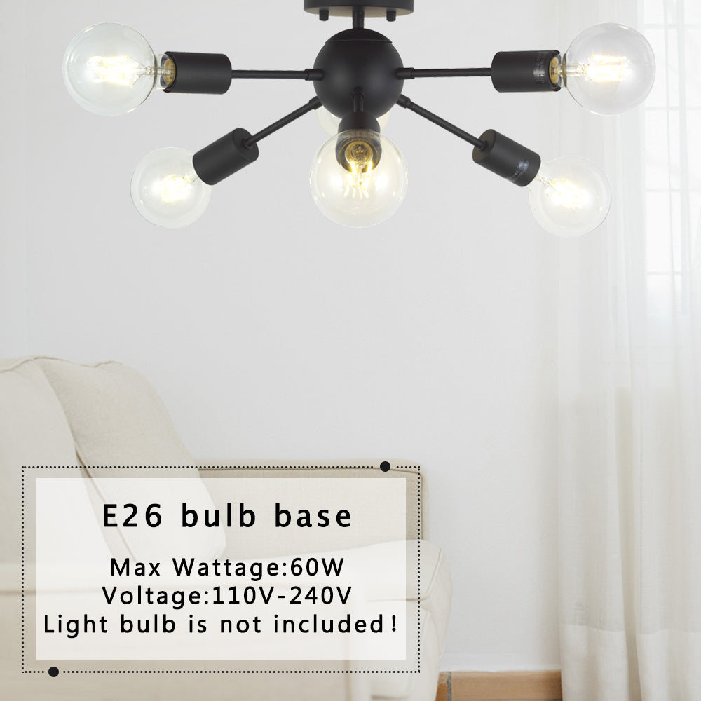 VINLUZ Sputnik Chandelier Lighting 6 Lights Black Modern Ceiling Light