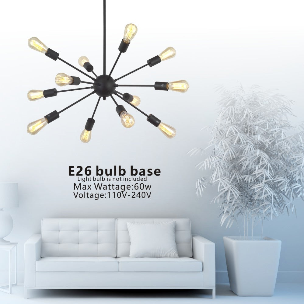 VINLUZ Industrial Modern Sputnik Chandelier Lighting 12 Light Black
