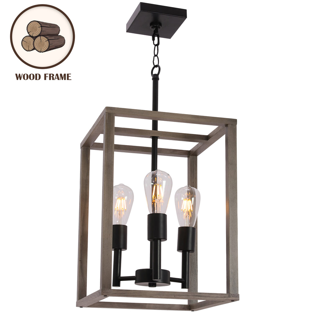 VINLUZ 3 Light Farmhouse Chandelier Pendant Lamp Black Wood Frame Accents Hanging Flush Mount Ceiling Light Simply Decoration for Dining Room Foyer Kitchen Bar