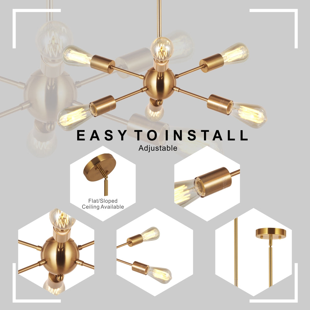 VINLUZ Modern Sputnik Chandelier 6 Lights Italian Designed Brushed Brass