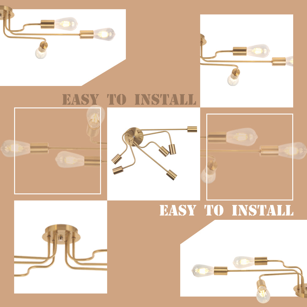 VINLUZ 6 Lights Semi Flush Mount Ceiling Light Modern Metal Art Brushed Brass