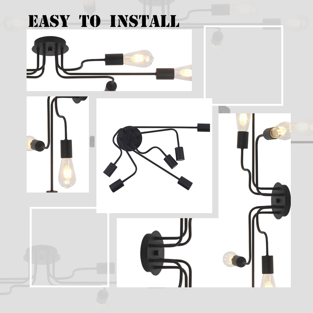 VINLUZ 6 Lights Semi Flush Mount Ceiling Light Modern Metal Art  Black