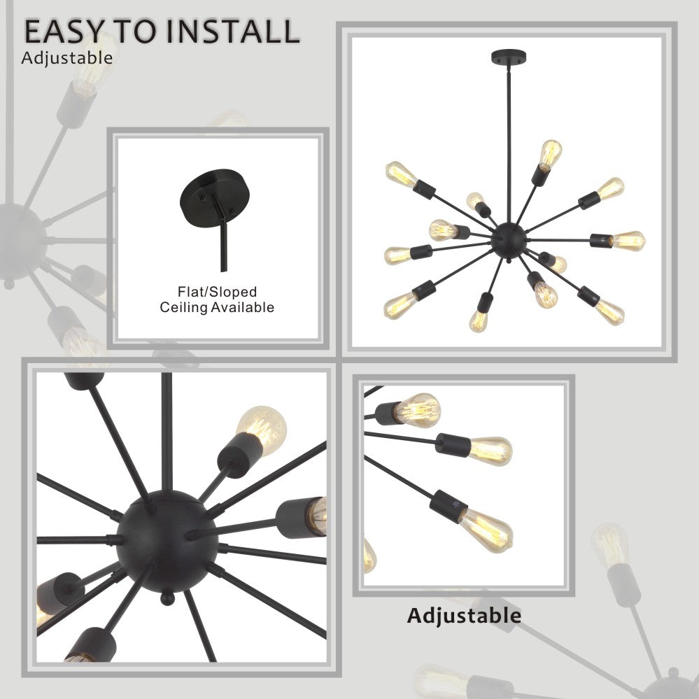 VINLUZ Industrial Modern Sputnik Chandelier Lighting 12 Light Black
