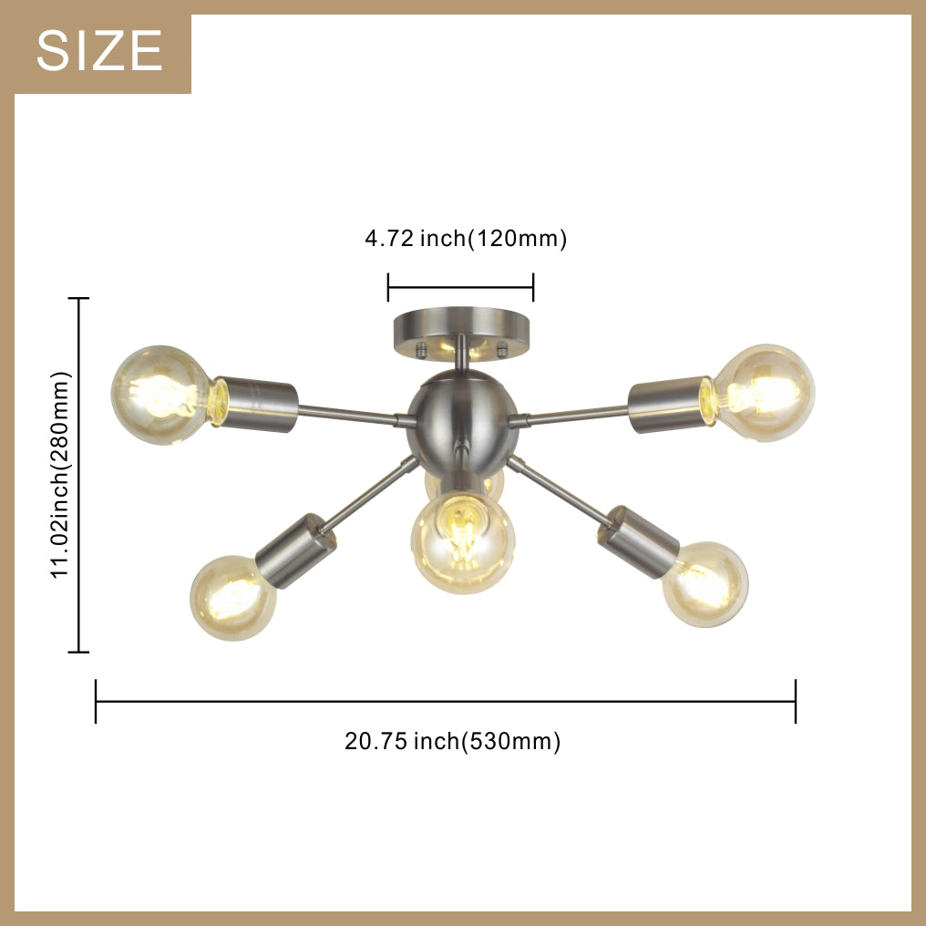 VINLUZ 6 Light Modern Sputnik Ceiling Light Brushed Nickel
