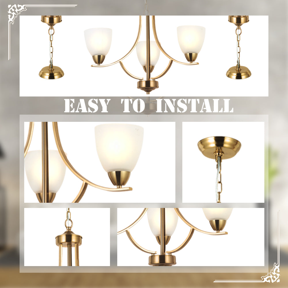 VINLUZ 3 Light Contemporary Chandeliers Brushed Brass Mid Century