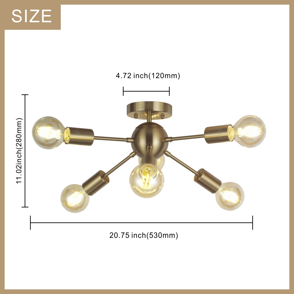 VINLUZ Sputnik Chandelier Lighting 6 Lights Brass Modern Ceiling Light