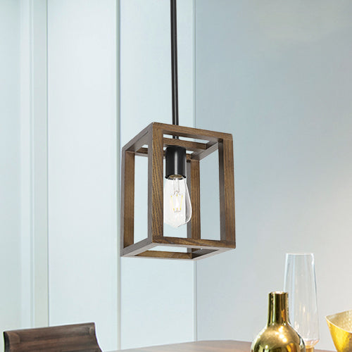 VINLUZ 1-Light Wood Pendant Lighting Rustic Style Black Walnut Natural Wooden Frame