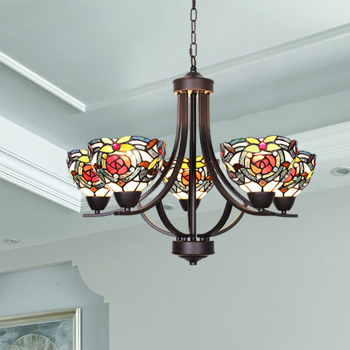 VINLUZ 5 Light Tiffany Chandeliers Lighting Victorian Antique 7-inch Stained Glass Shaded Bronze