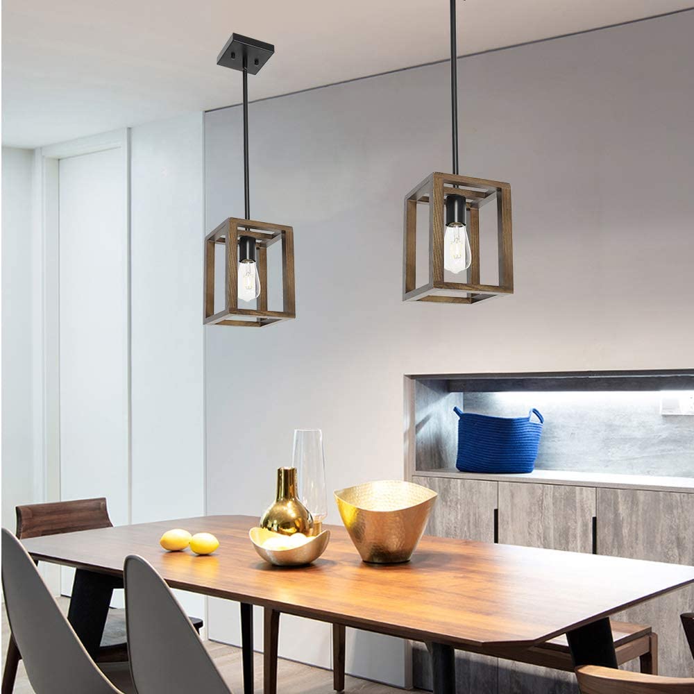 VINLUZ 1-Light Wood Pendant Lighting Rustic Style Black Walnut Natural Wooden Frame