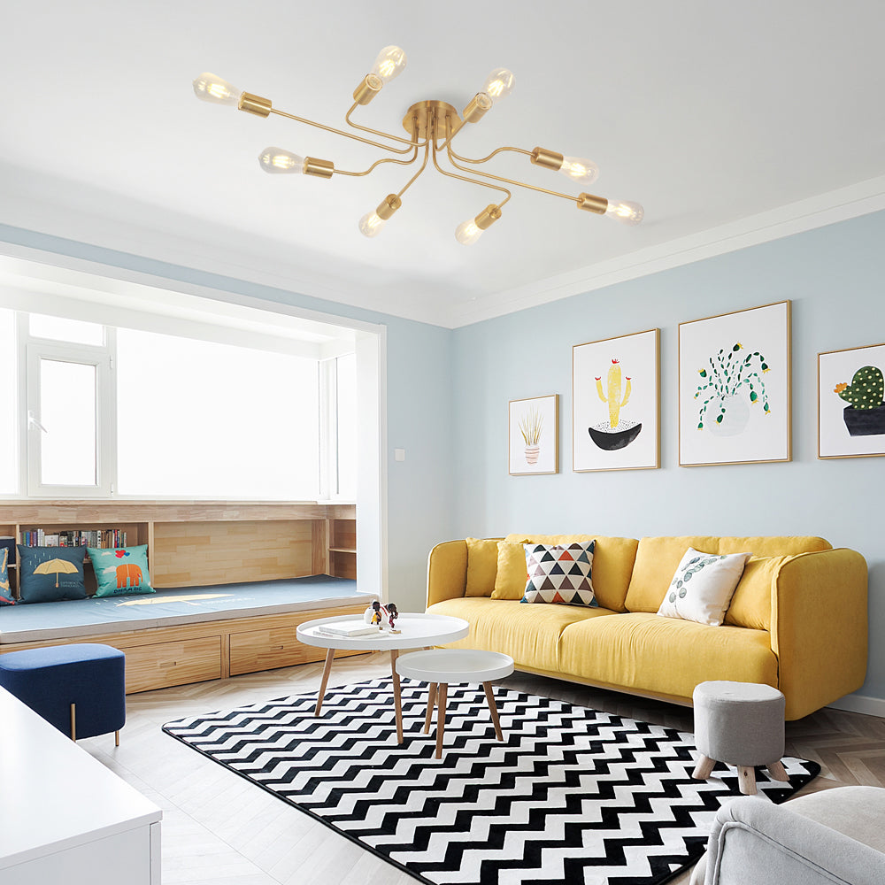 VINLUZ 8 Lights Sputnik Chandelier Gold Semi Flush Mount Ceiling Light Brushed Brass