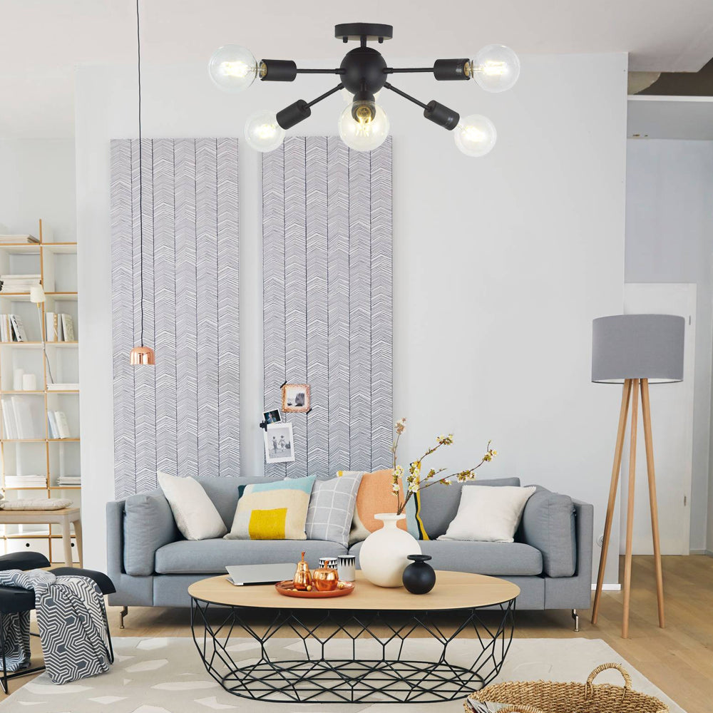 VINLUZ Sputnik Chandelier Lighting 6 Lights Black Modern Ceiling Light