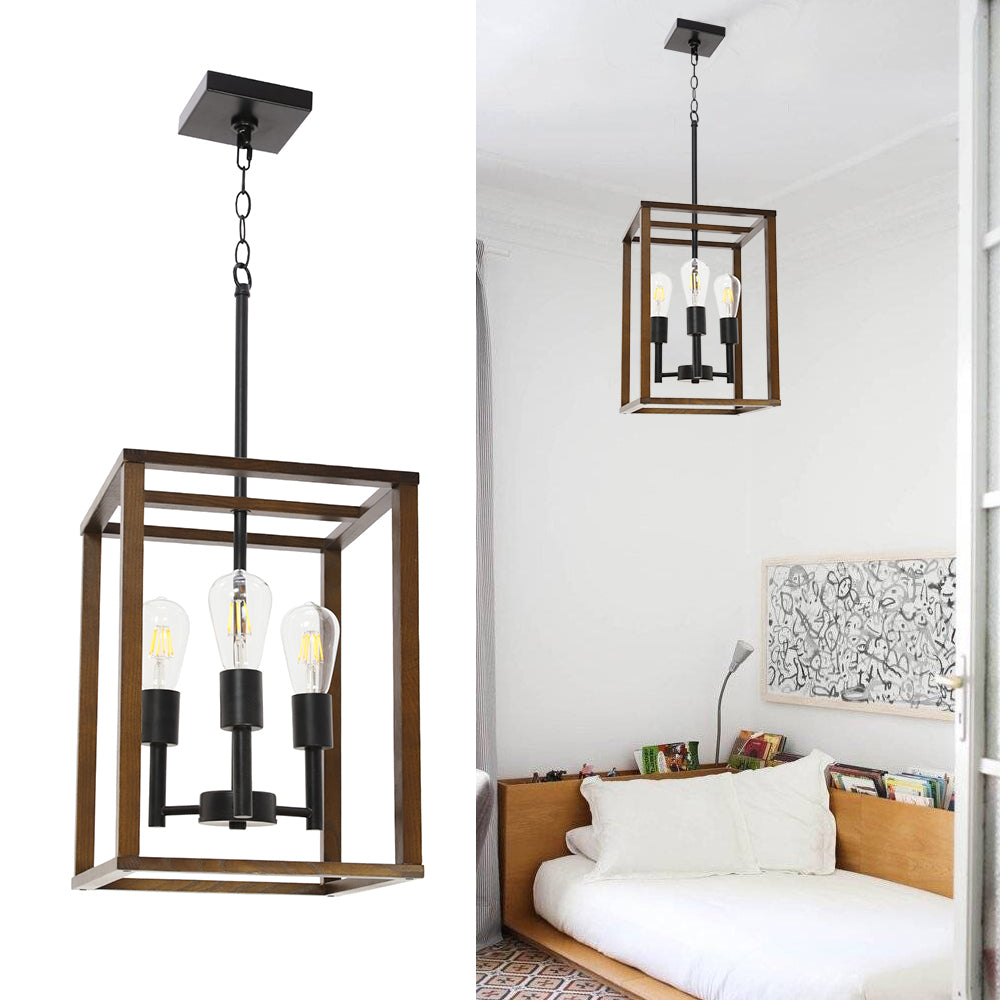 3 Light VINLUZ Wood Metal Chandelier Rustic Industrial Pendant Lighting Dark Walnut with Wood Frame Hanging Light Fixture Adjustable Chain for Kitchen Island Foyer Dining Room
