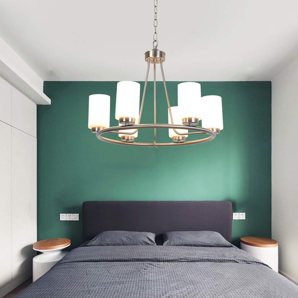 VINLUZ 6 Light Farmhouse Brushed Nickel Round Chandelier with Opal White Cylinder Glass Shades