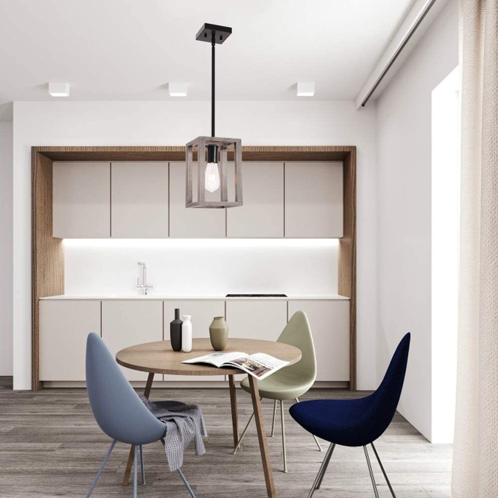 VINLUZ Kitchen Island 1-Light Fixture Farmhouse Wood Accents Frame Pendant Square