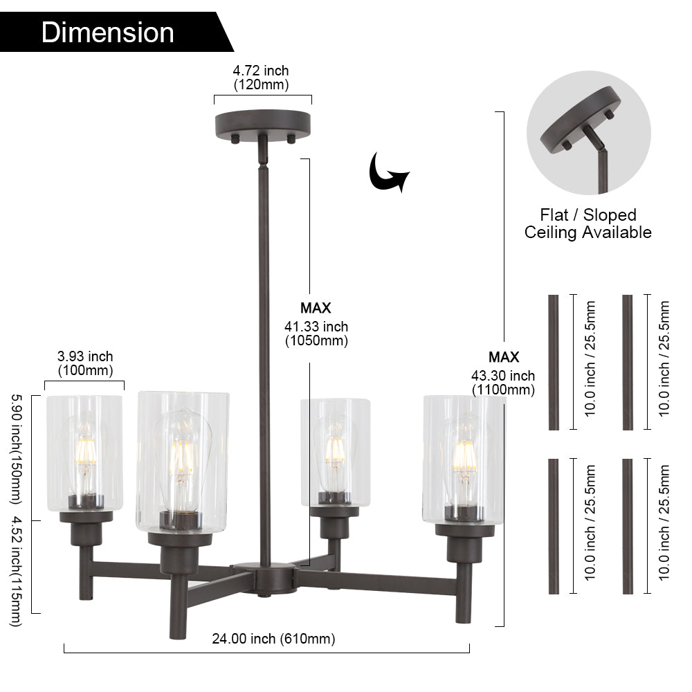 VINLUZ 4 Light Pendant Chandelier Modern Metal Lighting Oil-Rubbed Bronze