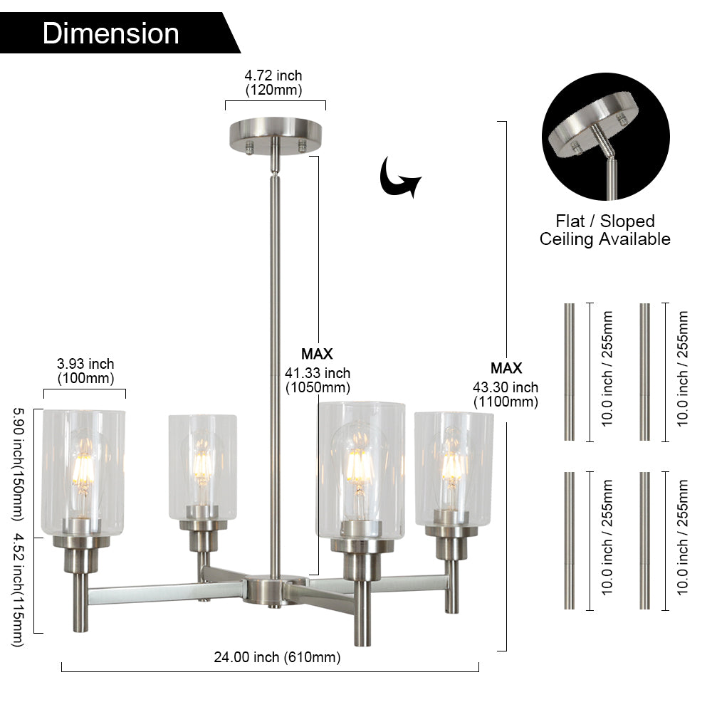 4 Light VINLUZ Modern Chandelier Brushed Nickel Clear Glass Shades