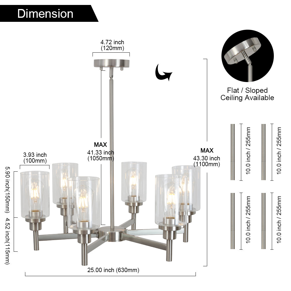 VINLUZ 6 Light Contemporary Chandelier Brushed Nickel Modern Pendant Lighting