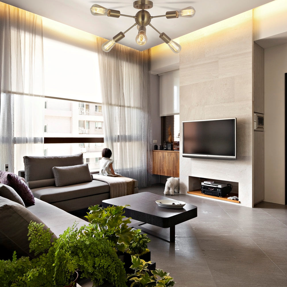 VINLUZ Sputnik Chandelier Lighting 6 Lights Brass Modern Ceiling Light