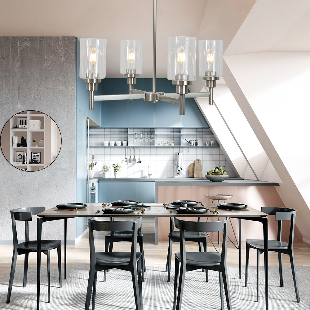 4 Light VINLUZ Modern Chandelier Brushed Nickel Clear Glass Shades