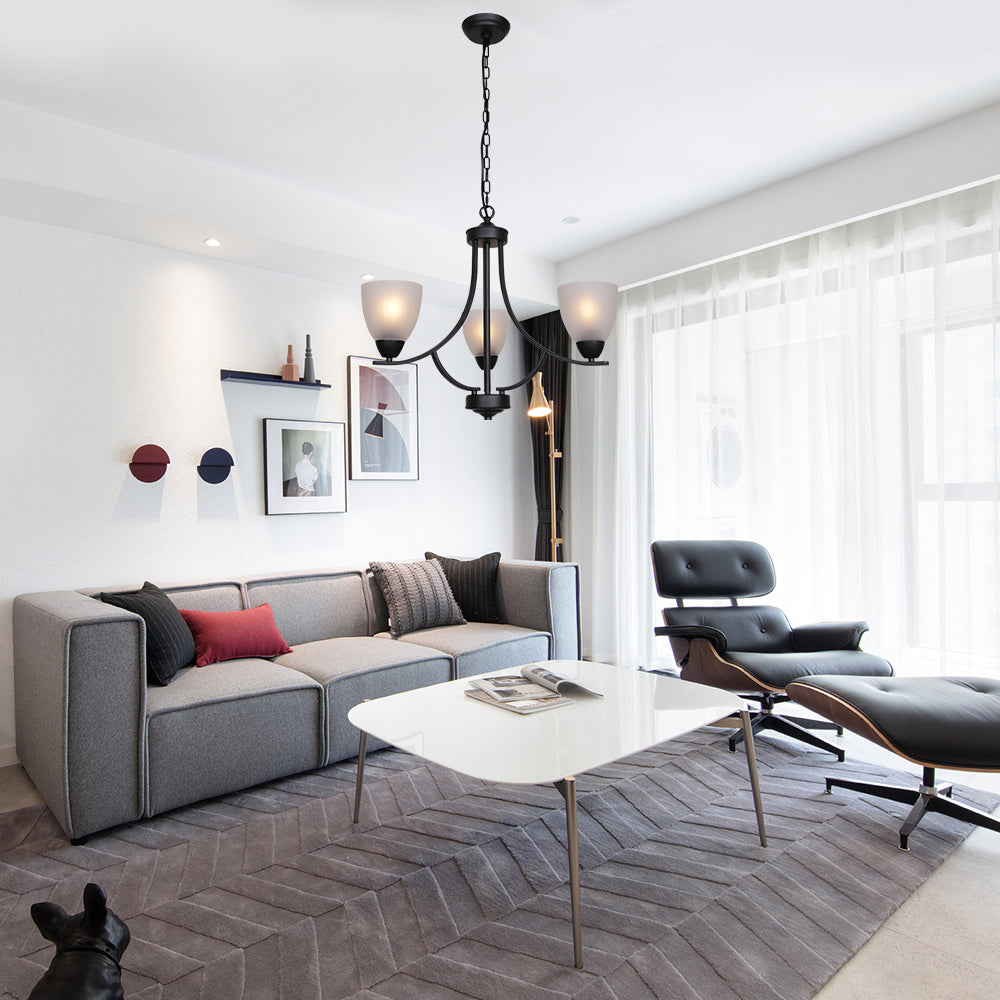 VINLUZ 3 Light Shaded Contemporary Chandeliers with Alabaster Glass Black Rustic