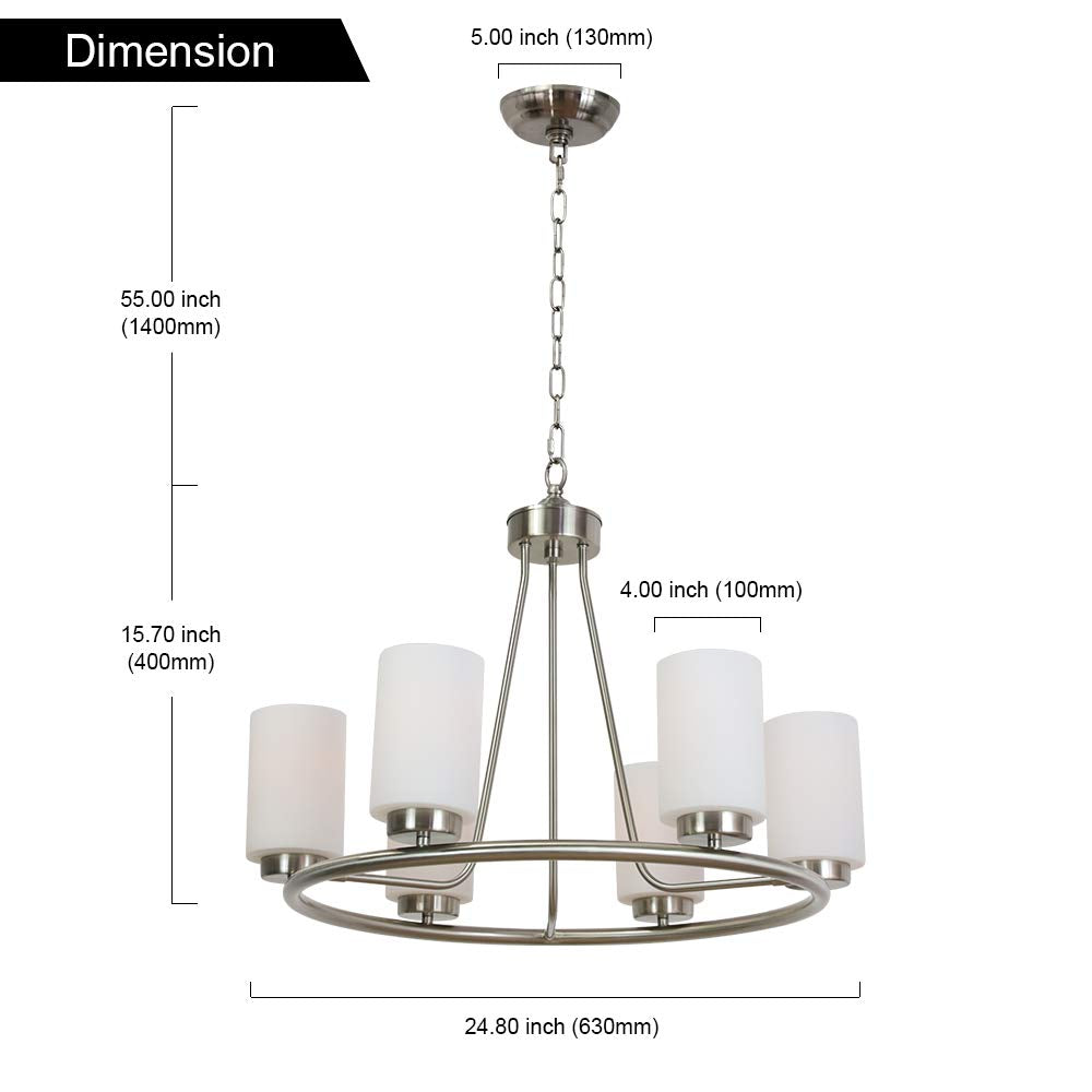 VINLUZ 6 Light Farmhouse Brushed Nickel Round Chandelier with Opal White Cylinder Glass Shades