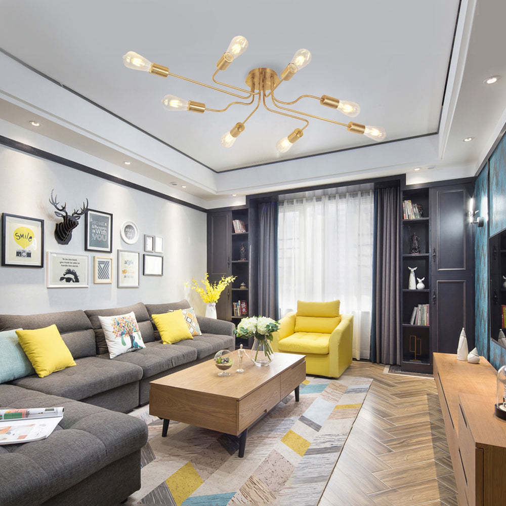 VINLUZ 8 Lights Sputnik Chandelier Gold Semi Flush Mount Ceiling Light Brushed Brass