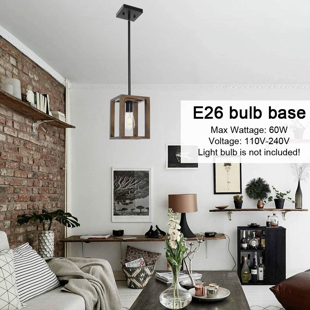 VINLUZ 1-Light Wood Pendant Lighting Rustic Style Black Walnut Natural Wooden Frame