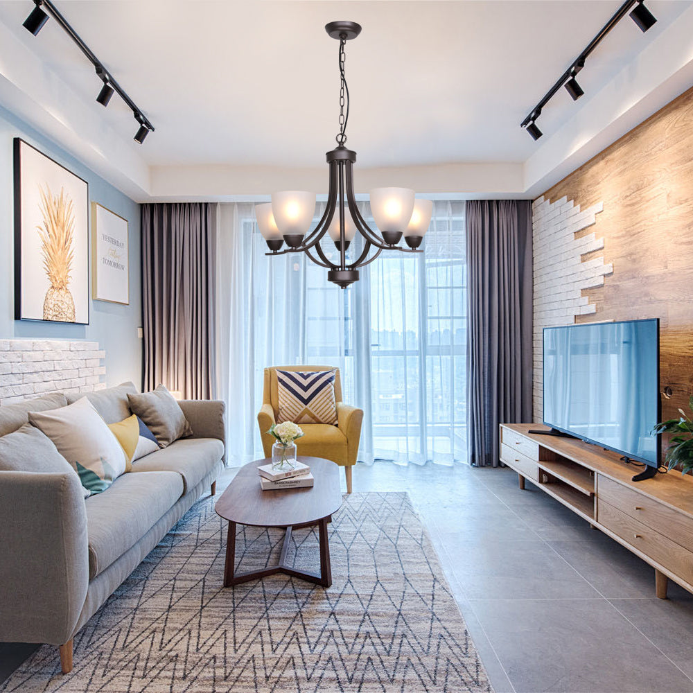 VINLUZ 5 Light Shaded Contemporary Chandeliers with Alabaster Glass Oil Rubbed Bronze