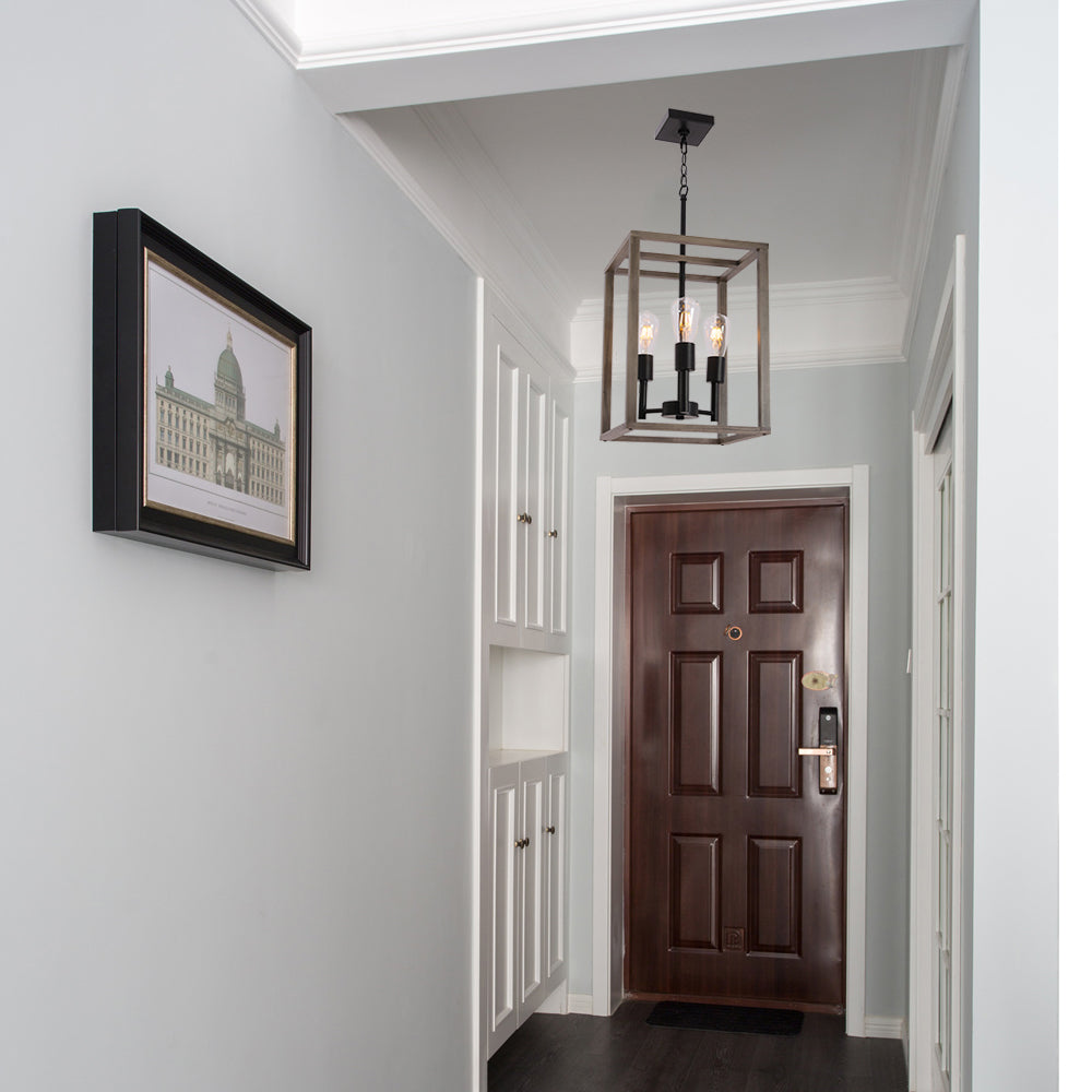 VINLUZ 3 Light Farmhouse Chandelier Pendant Lamp Black Wood Frame Accents Hanging Flush Mount Ceiling Light Simply Decoration for Dining Room Foyer Kitchen Bar