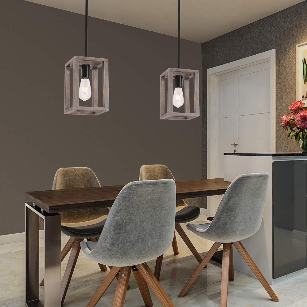 VINLUZ Kitchen Island 1-Light Fixture Farmhouse Wood Accents Frame Pendant Square