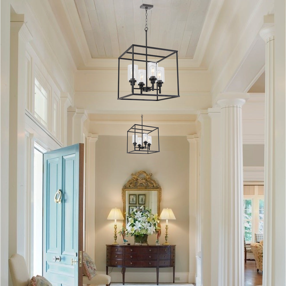 VINLUZ 4 Light Hanging Lantern Pendant Light Black Industrial Cage Chandelier with Clear Glass Shade