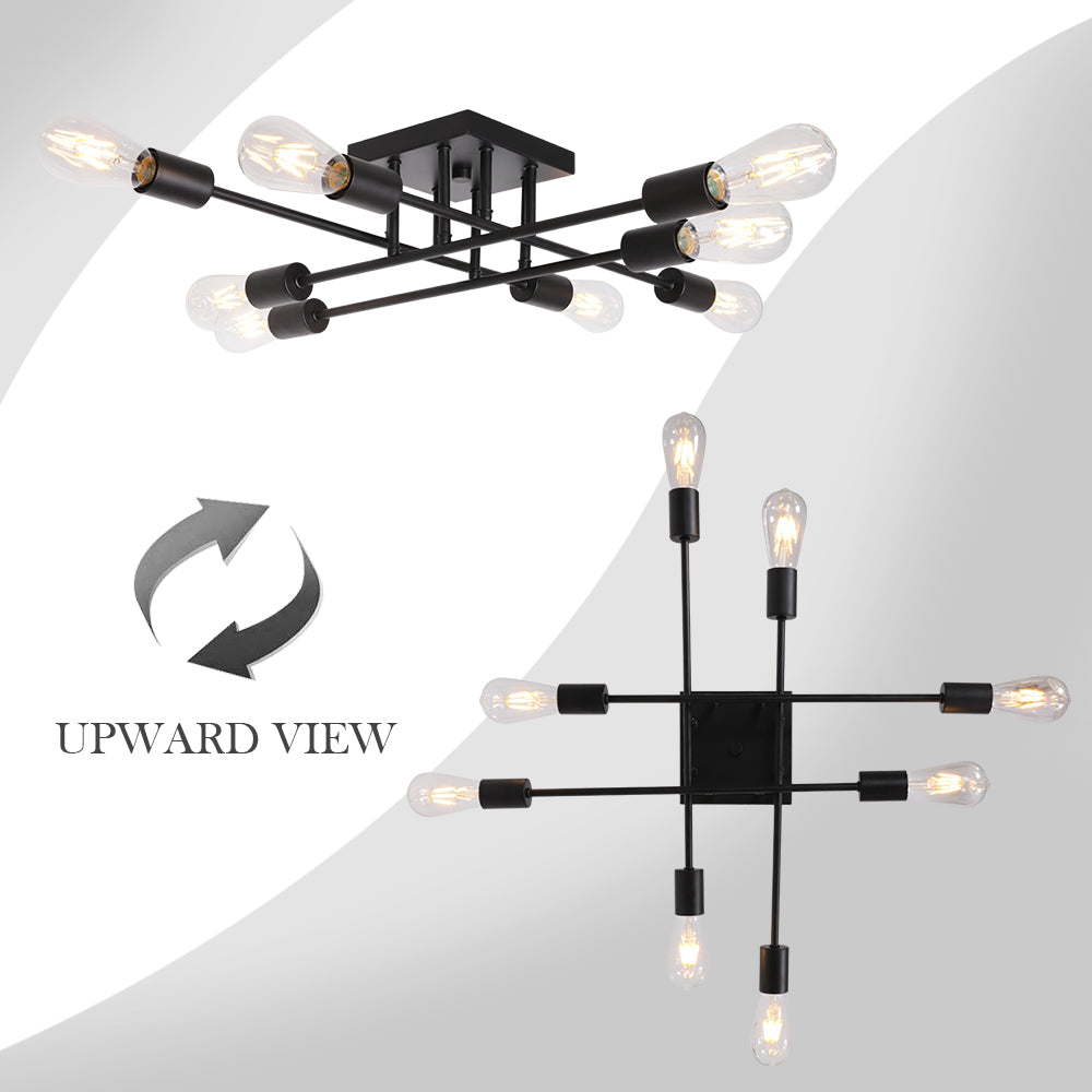 8 Light VINLUZ Black Mid Century Vintage Semi Flush Mount Ceiling Light