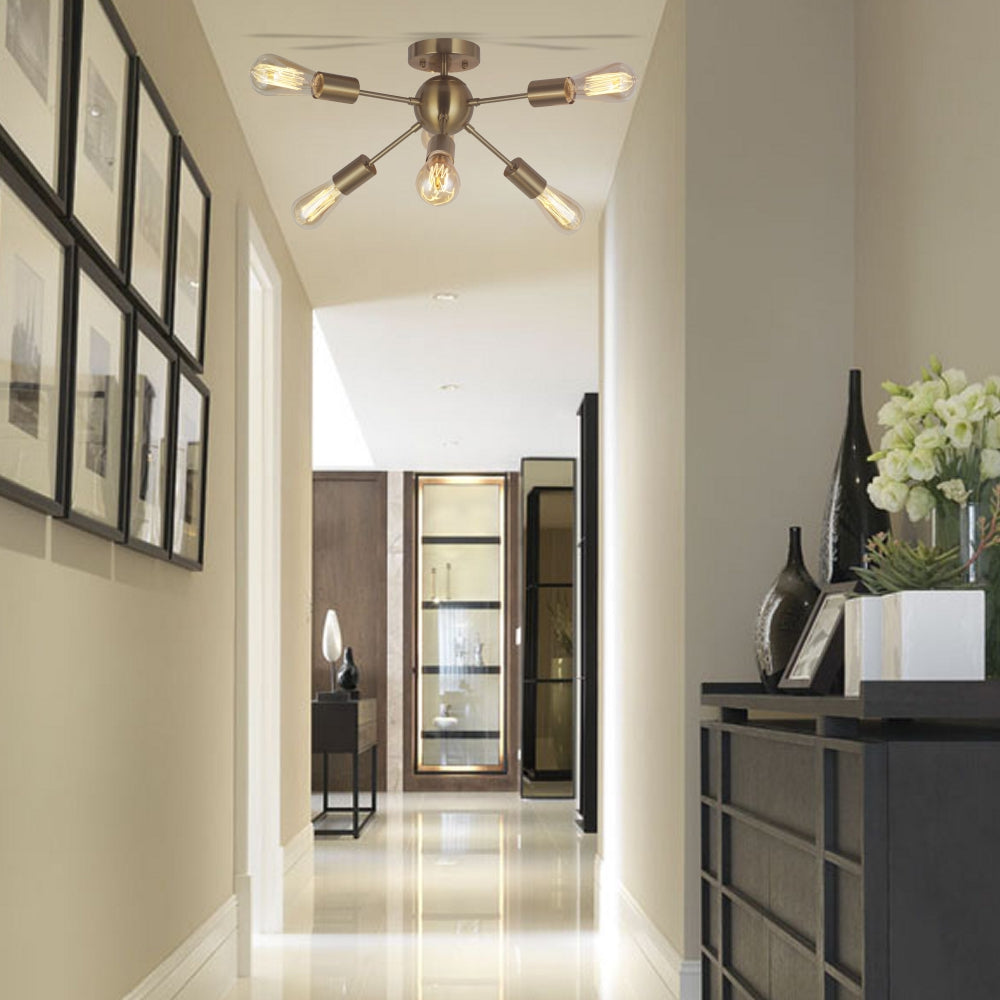 VINLUZ Sputnik Chandelier Lighting 6 Lights Brass Modern Ceiling Light