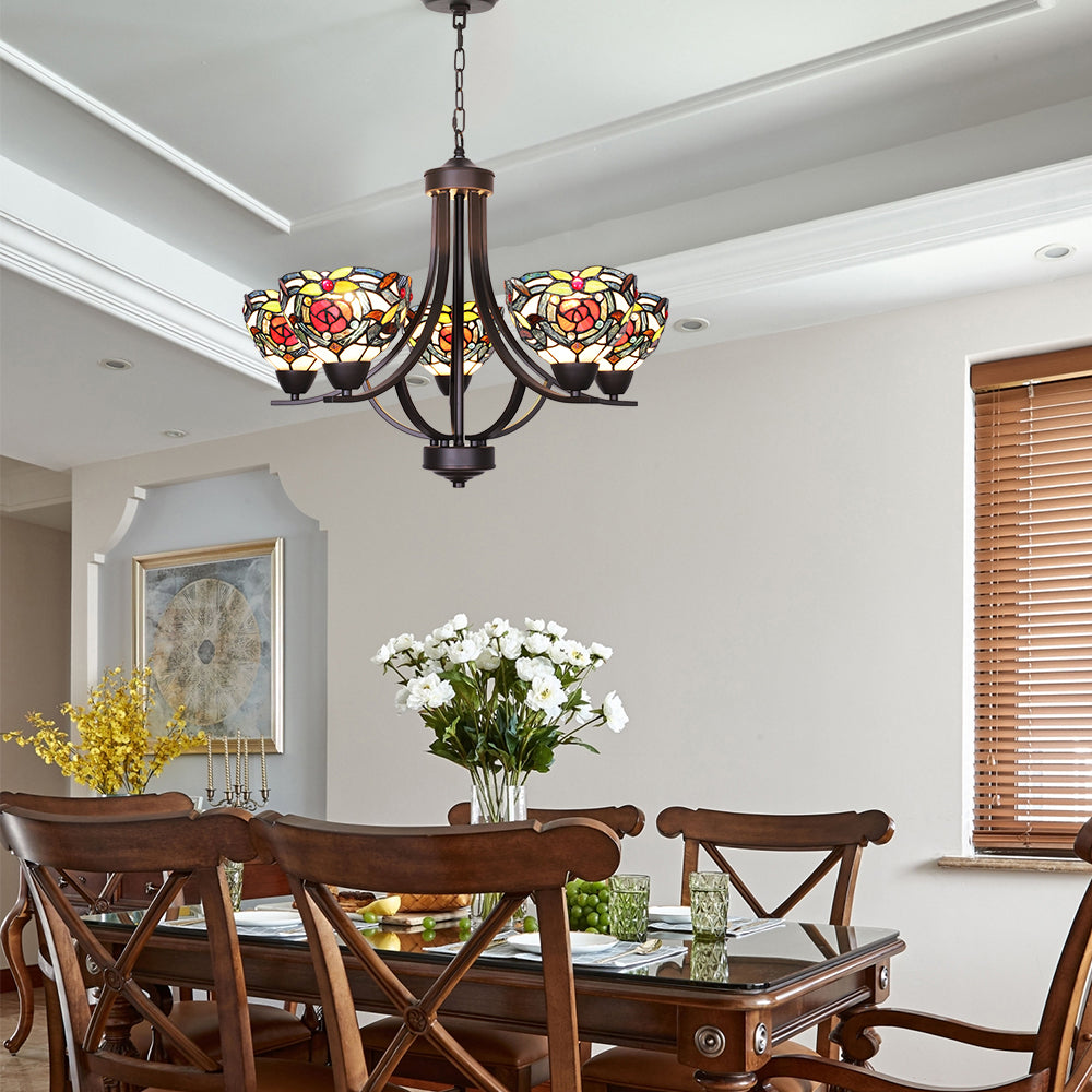 VINLUZ 5 Light Tiffany Chandeliers Lighting Victorian Antique 7-inch Stained Glass Shaded Bronze