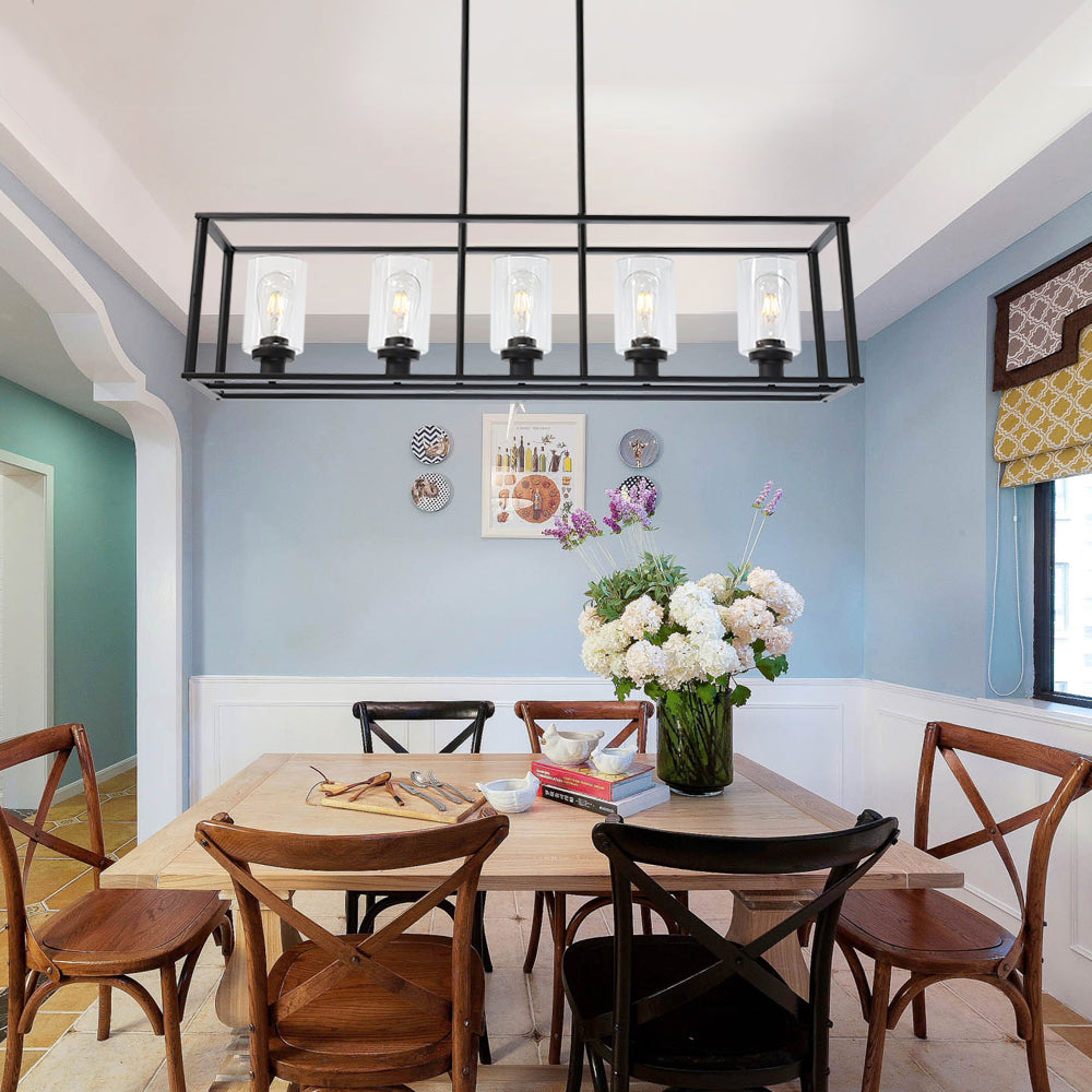 5 Light VINLUZ Modern Linear Kitchen Island Chandelier Black Finish with Clear Glass Shade Cage Pendant Ligh Hanging