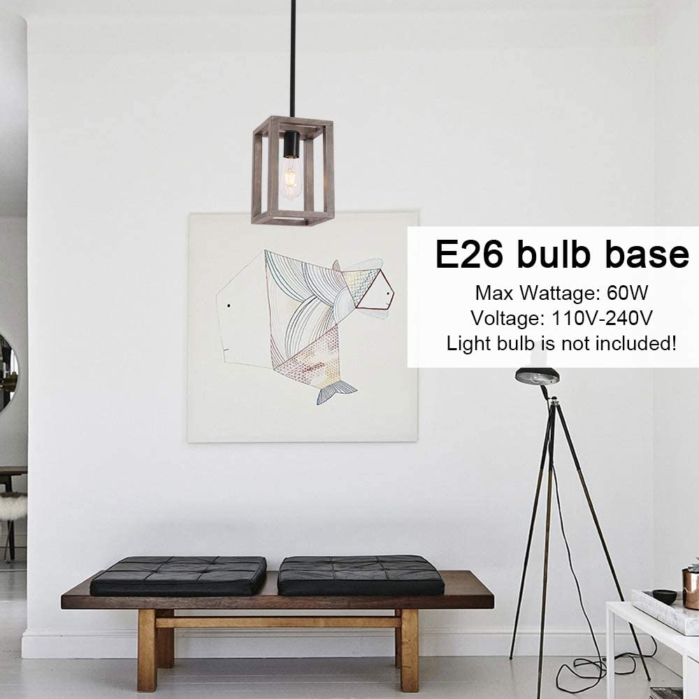 VINLUZ Kitchen Island 1-Light Fixture Farmhouse Wood Accents Frame Pendant Square