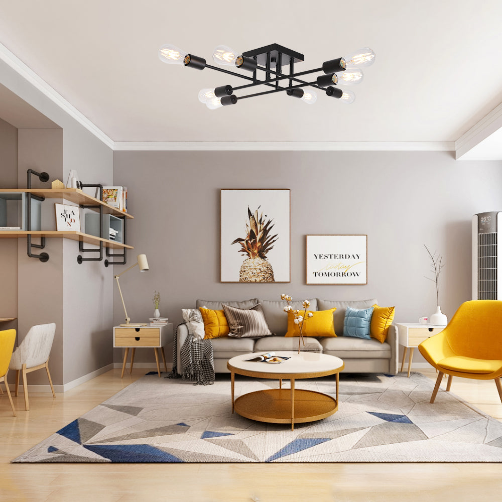 8 Light VINLUZ Black Mid Century Vintage Semi Flush Mount Ceiling Light