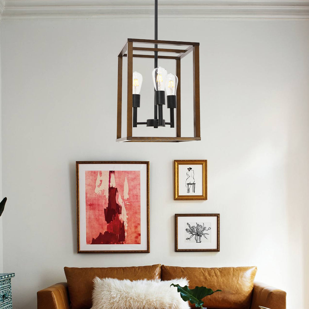 3 Light VINLUZ Wood Metal Chandelier Rustic Industrial Pendant Lighting Dark Walnut with Wood Frame Hanging Light Fixture Adjustable Chain for Kitchen Island Foyer Dining Room