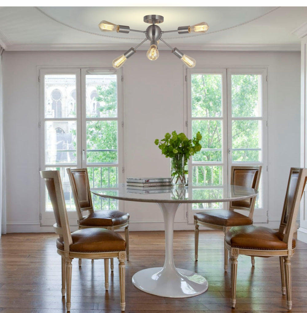 VINLUZ 6 Light Modern Sputnik Ceiling Light Brushed Nickel