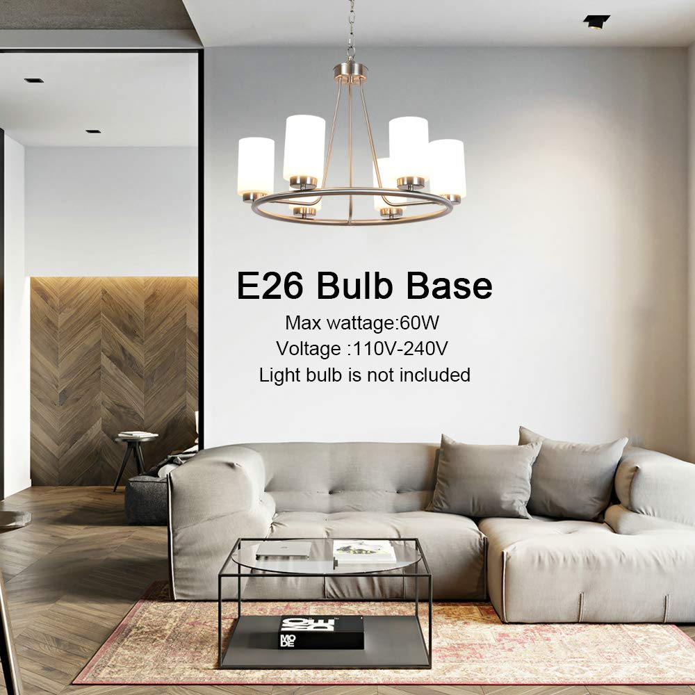 VINLUZ 6 Light Farmhouse Brushed Nickel Round Chandelier with Opal White Cylinder Glass Shades