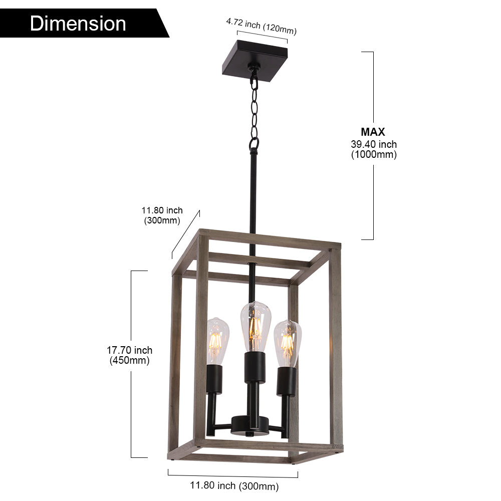 VINLUZ 3 Light Farmhouse Chandelier Pendant Lamp Black Wood Frame Accents Hanging Flush Mount Ceiling Light Simply Decoration for Dining Room Foyer Kitchen Bar
