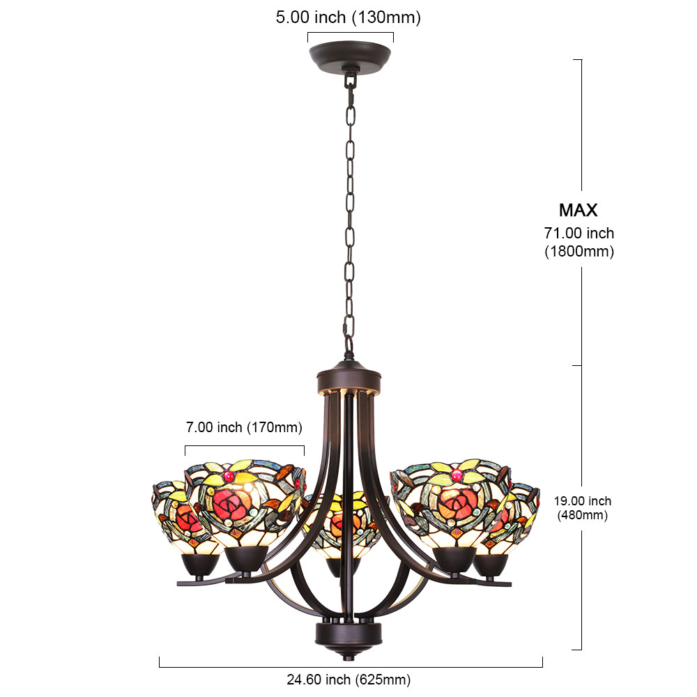 VINLUZ 5 Light Tiffany Chandeliers Lighting Victorian Antique 7-inch Stained Glass Shaded Bronze
