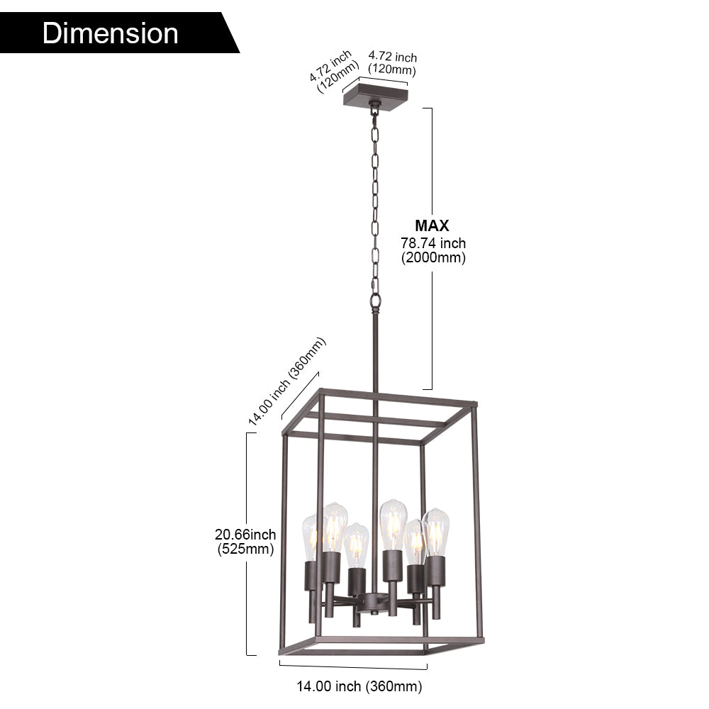 VINLUZ 6 Light Farmhouse Square cage Pendant Lighting Oil-Rubbed Bronze