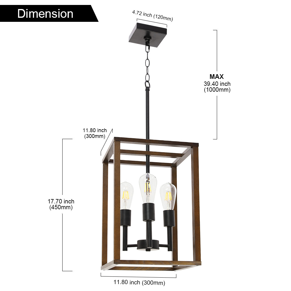 3 Light VINLUZ Wood Metal Chandelier Rustic Industrial Pendant Lighting Dark Walnut with Wood Frame Hanging Light Fixture Adjustable Chain for Kitchen Island Foyer Dining Room
