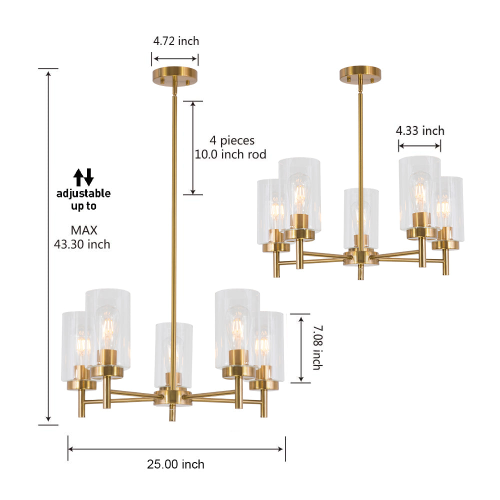 VINLUZ Contemporary 5-Light Large Chandelier Modern Clear Glass Shades Brushed Brass