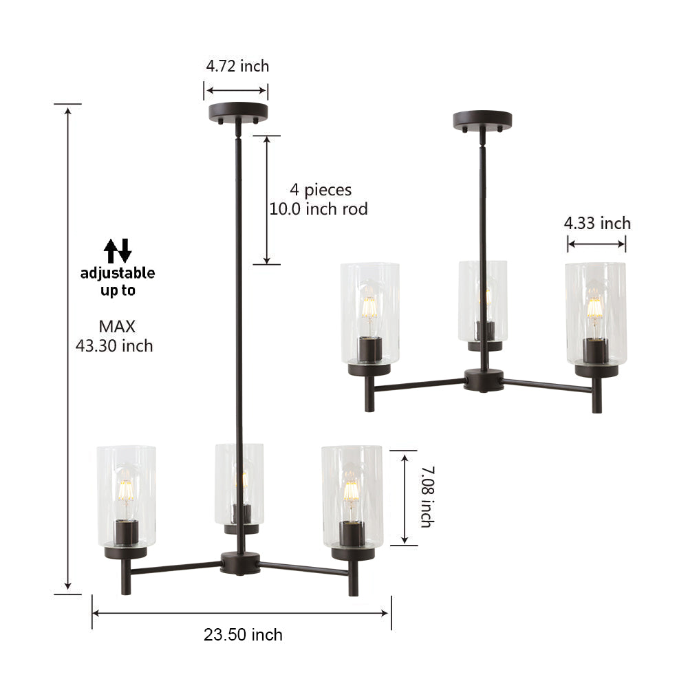 VINLUZ Contemporary 3-Light Chandeliers Rustic Clear Glass Shades Pendant Lighting Oil Rubber Bronze