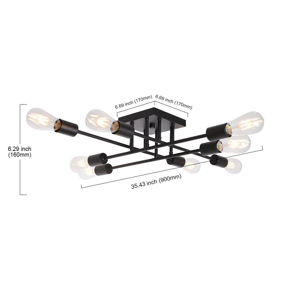 8 Light VINLUZ Black Mid Century Vintage Semi Flush Mount Ceiling Light
