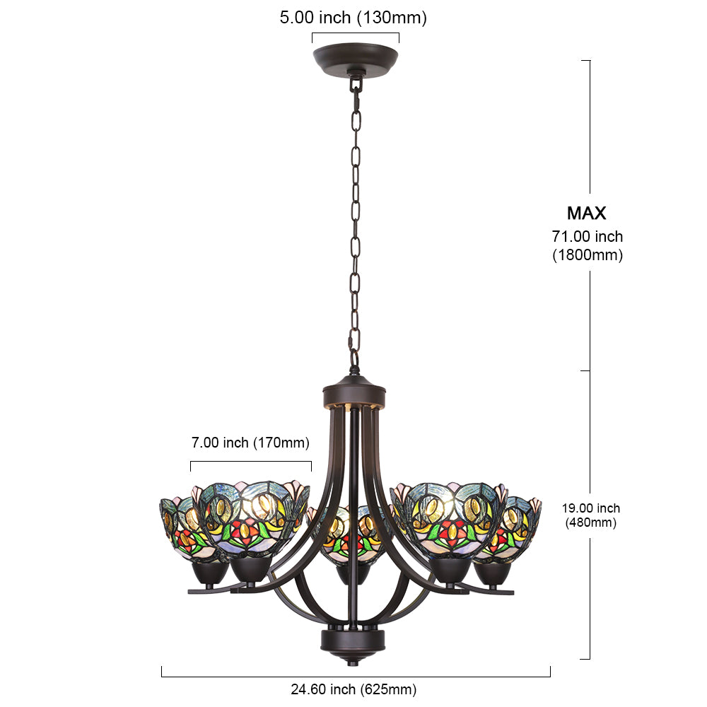 VINLUZ 5 Light Chandeliers Tiffany Style 7.5-inch Stained Glass Shaded, Oil Rubbed Bronze